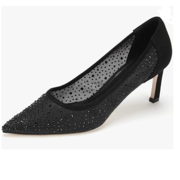 XYD Black High Heels Pumps Sheer Mesh Crystal Studs Pointed Toe Sexy Bridal Shoe - Picture 1 of 8